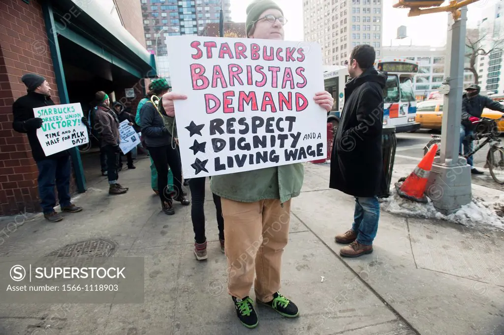 Starbucks workers and supporters protest Starbucks´ alleged anti-union activity in New York on Martin Luther King Jr Day After three years of protests...