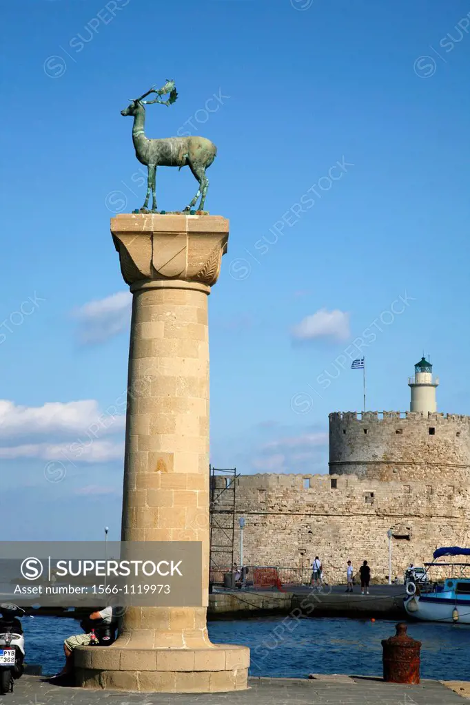 The deers, symbol of the city, at the entrance to Mandraki harbour, Rhodes, Greece