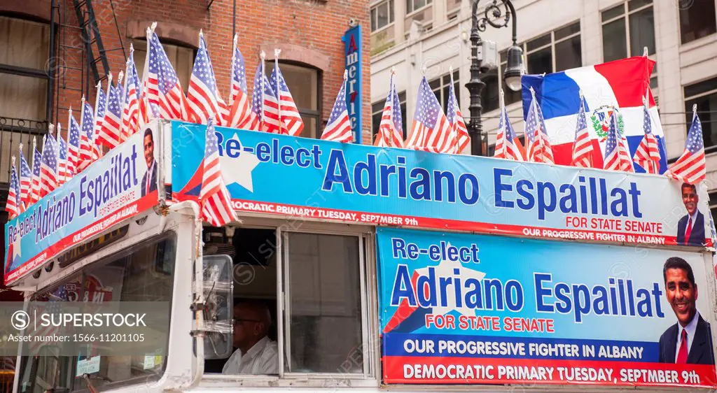 Decorated campaign vehicle for NY State Senator Adriano Espaillat in the 32nd Annual Dominican Day Parade in New York