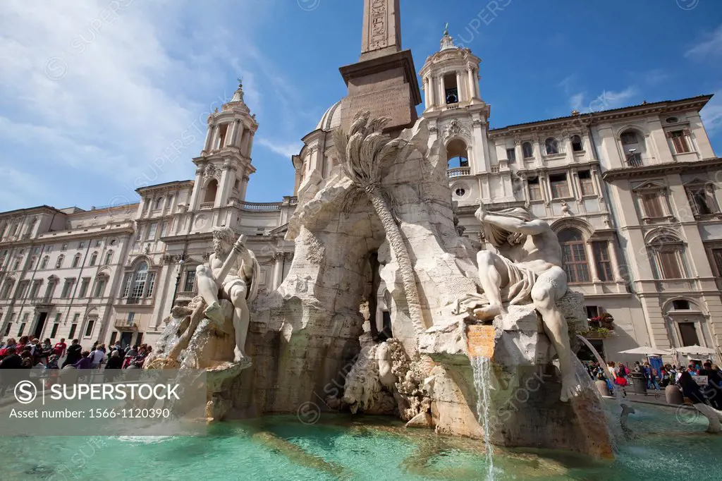 Saint Agnese in Agone church and the Fountain of the four Rivers, Piazza Navona, Rome, Lazio, Italy, Europe
