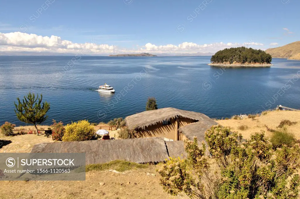 Lake Titicaca from Island of the Sun. Located in the Andes on the border of Peru and Bolivia. It sits 3,811 m (12,500 ft) above sea level, making it t...