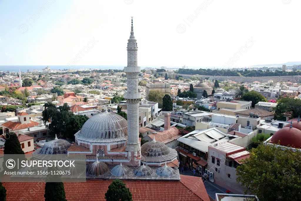 View over the Suleyman Cami Mosque and Rhodes old Town, Rhodes, Greece