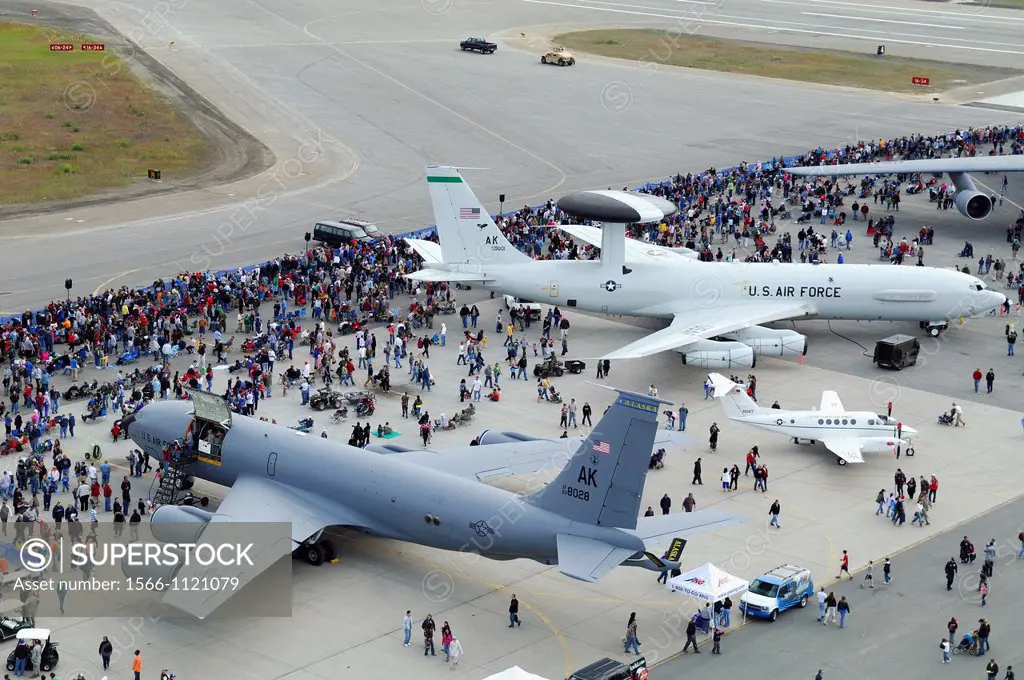 Overview of spectators, E-3 Sentry Awacs and KC-135 Stratotanker on tarmac, Anchorage Arctic Thunder air show, Elmendorf Air Force base, Alaska USA