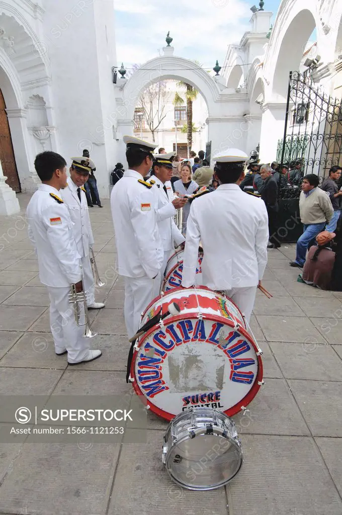 Musicians in a parade. Sucre, also known historically as Charcas, La Plata and Chuquisaca is the constitutional capital of Bolivia and the capital of ...