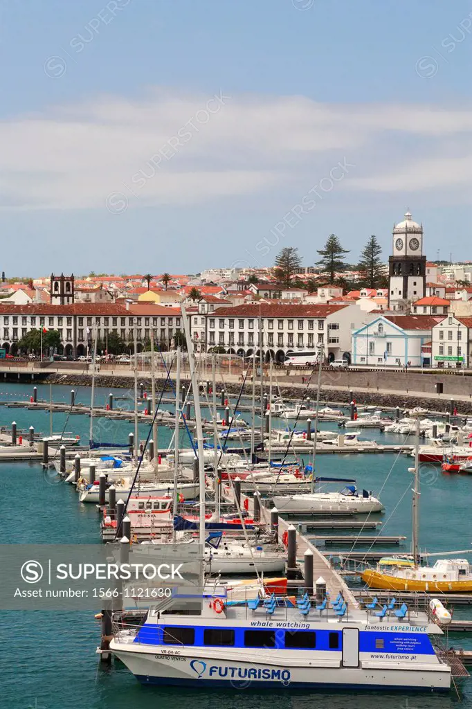 The city of Ponta Delgada, as seen from the Portas do Mar complex  Sao Miguel island, Azores islands, Portugal