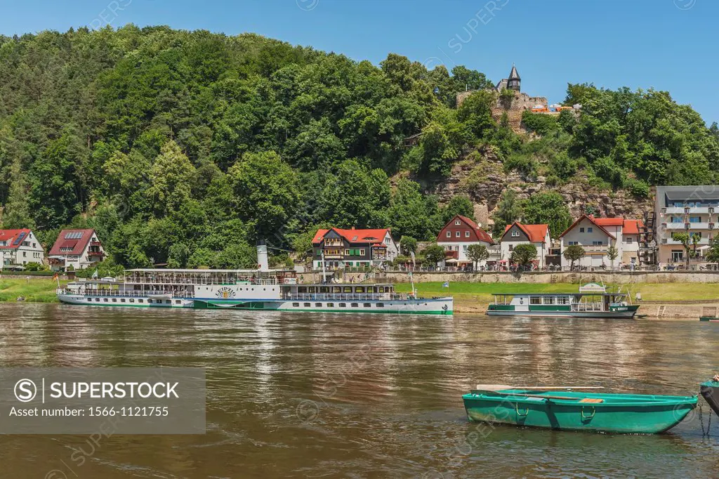 View over the Elbe river to the health resort Rathen Lower Rathen and the castle Altrathen The castle is first mentioned 1289 The paddle steamer Leipz...
