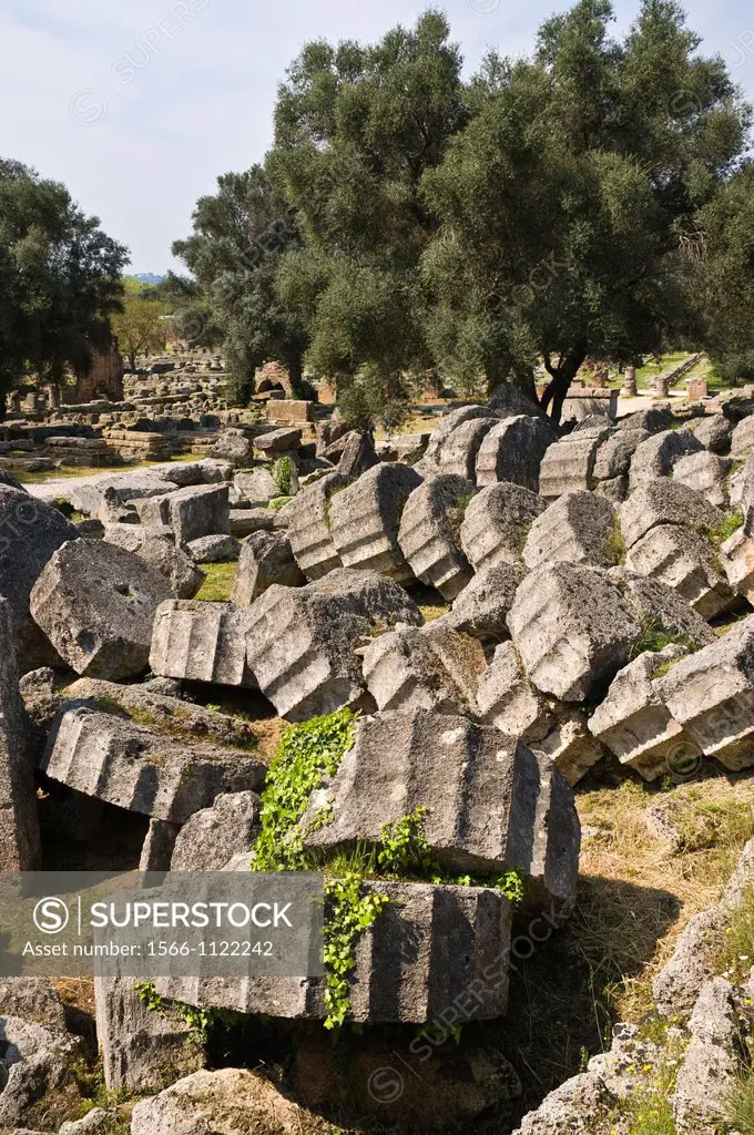 Fallen column drums at the Temple of Zeus at ancient Olympia, Peloponnese, Greece