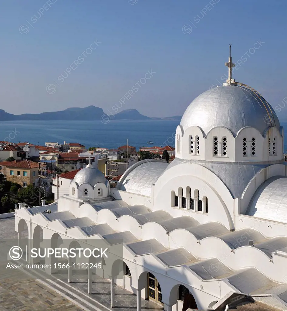 Looking across Pylos orthodox church to the bay of Navarino and the island of Sfaktiria, Pylos, Messinia, Peloponnese, Greece