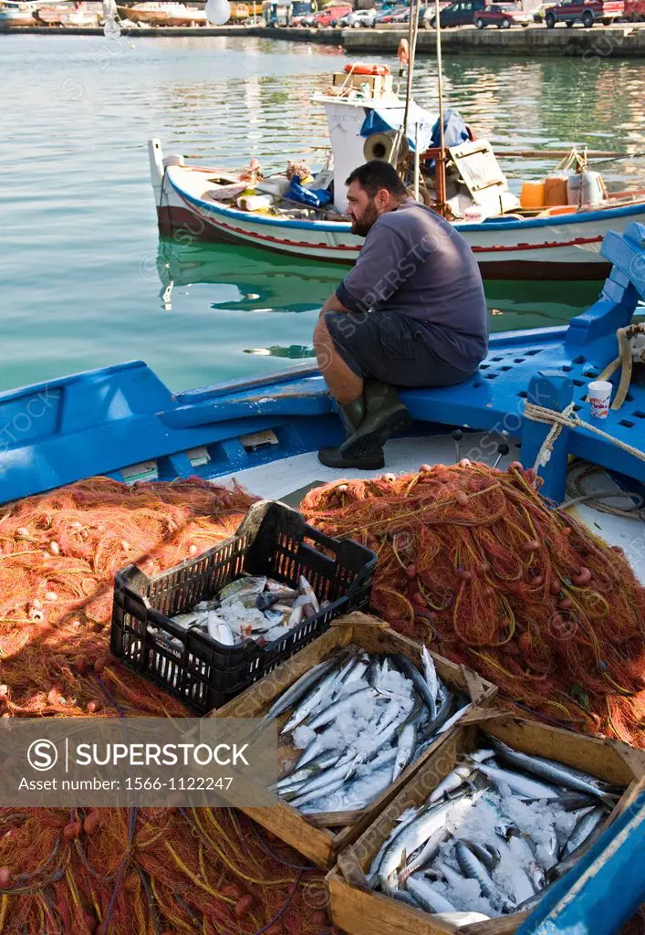 A fisherman and his catch, in the harbour at Pylos, Messinia, Southern Peloponnese, Greece