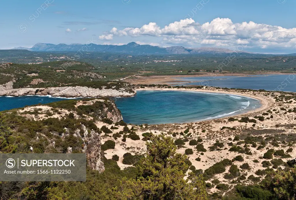 Voidokilia bay with the lagoon and bird conservation area in the background, just north of Yialova and Pylos on the Messinian coast, Southern Peloponn...