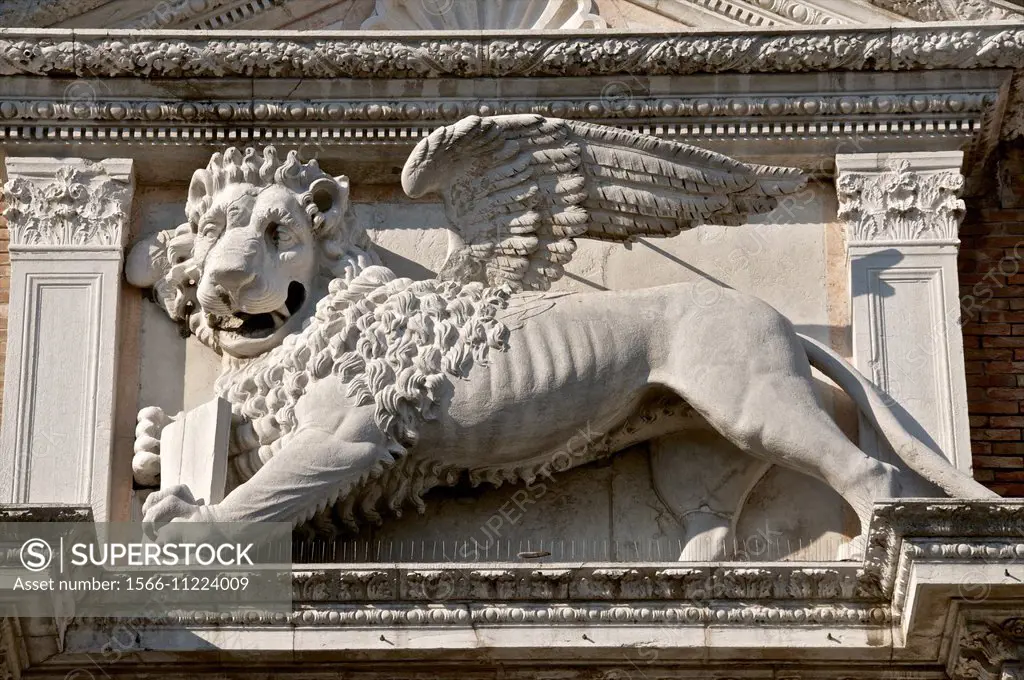 San Marco Lion, on San Marco Basilica, emblem of Venice, San Marco Piazza, San Marco, Venice, Italy.