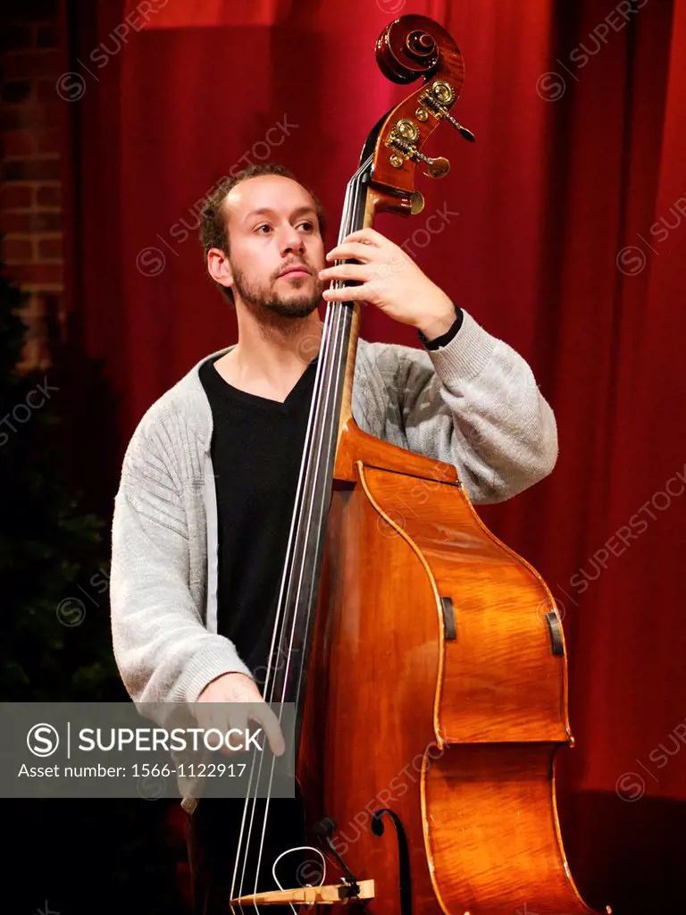 British bass player Alex Davis during sound checks with Abram Wilson at the Turner Sims Concert Hall in Southampton, England