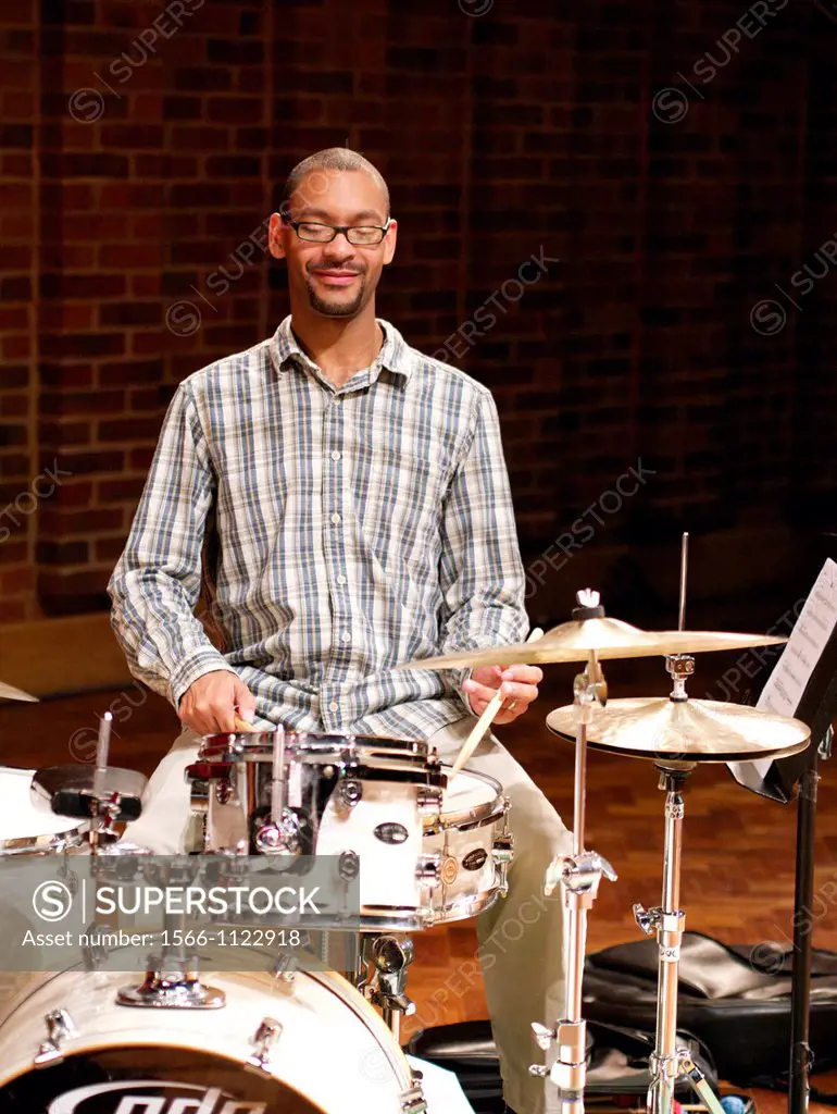 New Orleans drummer Jason Marsalis during sound checks at the Turner Sims Concert Hall in Southampton England