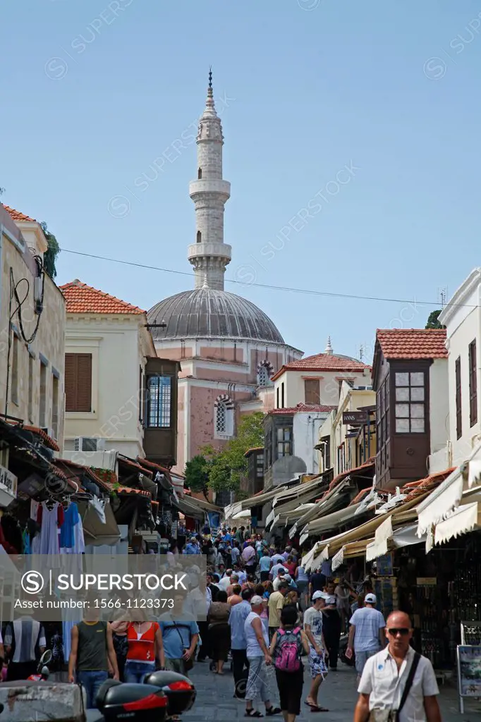 View over Sokratous st, also known as the long Bazzar, with Suleyman Cami Mosque at the end, Rhodes old Town, Rhodes, Greece