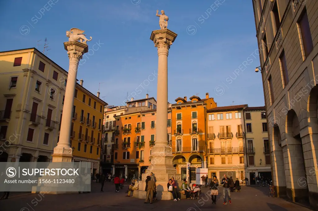 Columns with Lion of St Mark and Redeemer on top of them Piazza dei Signori square Vicenza the Veneto region northern Italy Europe