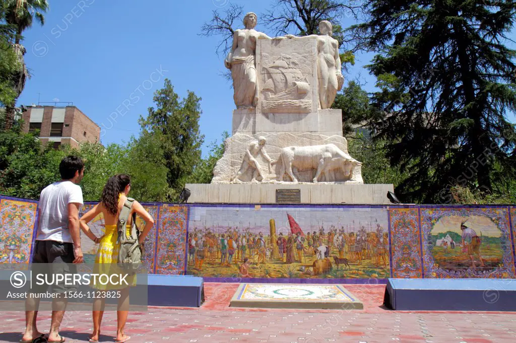 Argentina, Mendoza, Plaza Espana, Spanish Fraternity Monument, sculpture, scuptor Luis Bartolomé Somoza, commenmorative frieze, Majolica tile mosaic, ...