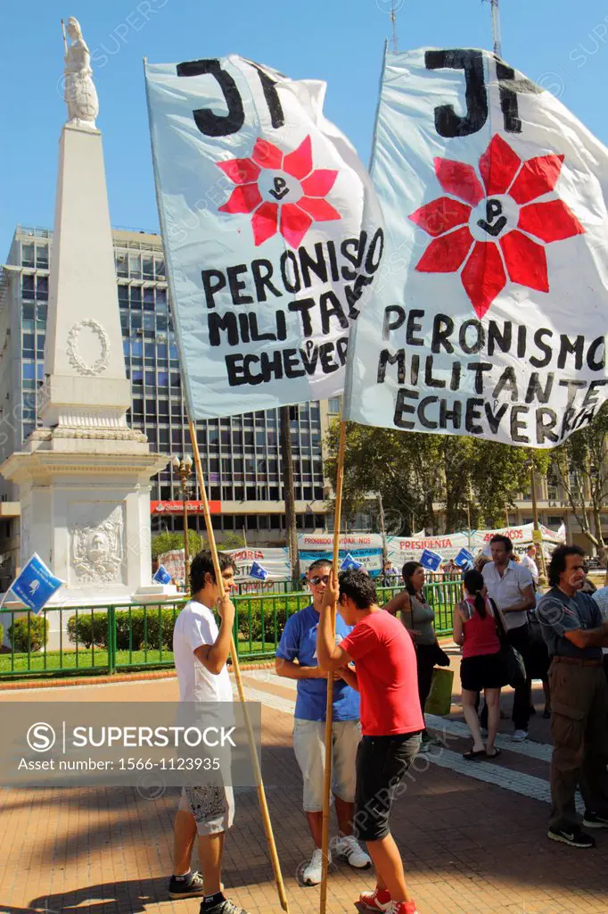 Argentina, Buenos Aires, Plaza de Mayo, landmark, historic main square, political hub, protest, demonstration, activist, banner, Juventud Peronista, s...