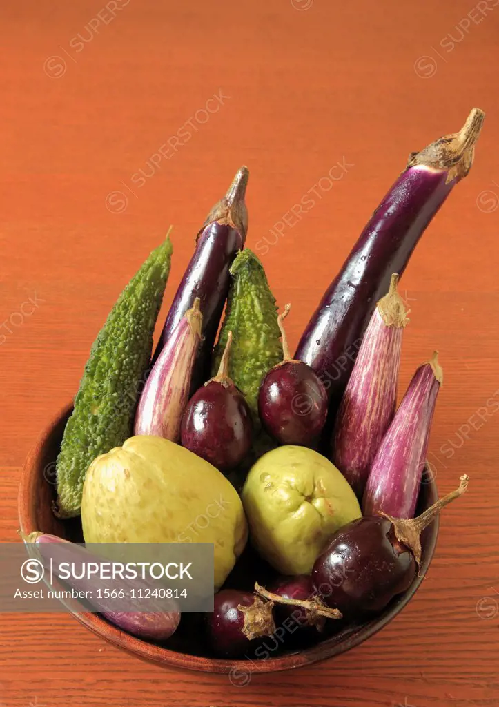 Vegetables, eggplant, chinese eggplant, bitter gourd, chayote,.