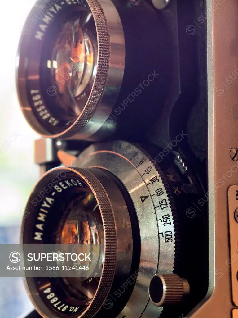 Close up of a vintage roll film twin lens reflex camera lenses
