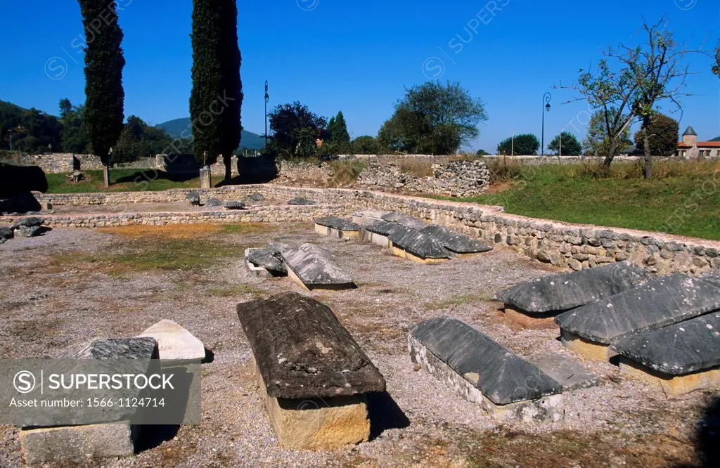 Paleocristhian basilica and sarcophagus in Lugdunum roman city  St  Bertrand de Comminges in the Midi Pyrenees, Haute Garonne  France