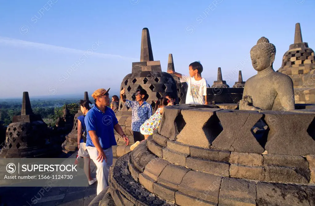 Tourists in Borobudur Buddhist Temple  Java  Indonesia