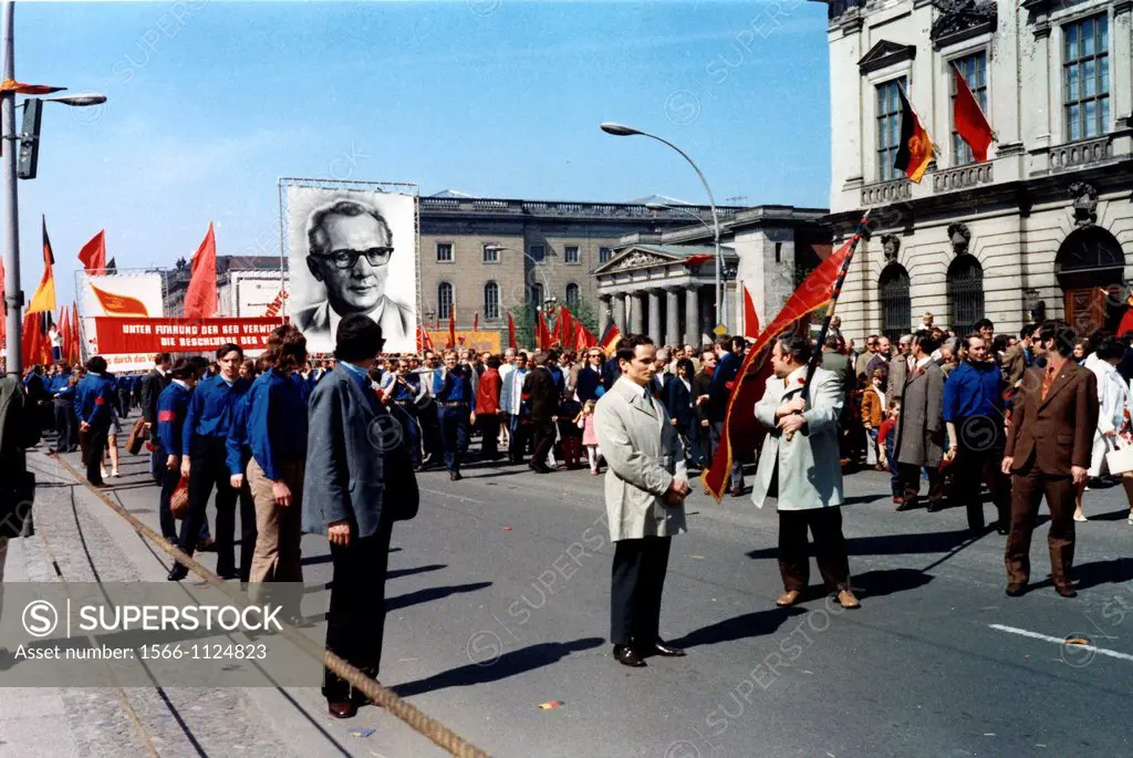 Demonstration on May 1st, 1973 in East Berlin with banners, flags and great portraits of Secretary General of the SED Honecker - Caution: For the edit...
