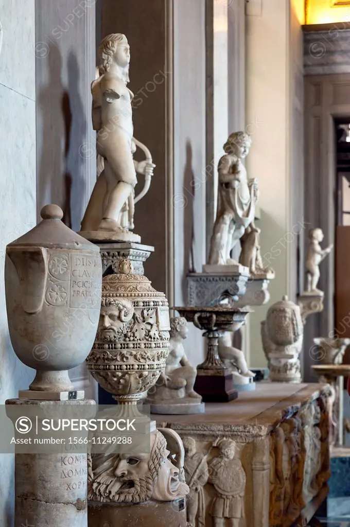 Sculpture and ancient artifacts on display in the Chiaramonti Museum, Vatican Museums, Vatican City, Rome, Italy.