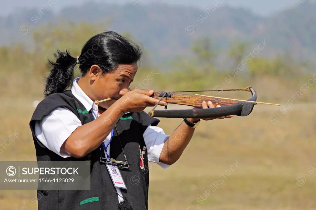 Tribe, man perform Traditional Crossbow Competition at Namdapha Eco Cultural Festival, Miao, Arunachal Pradesh, India