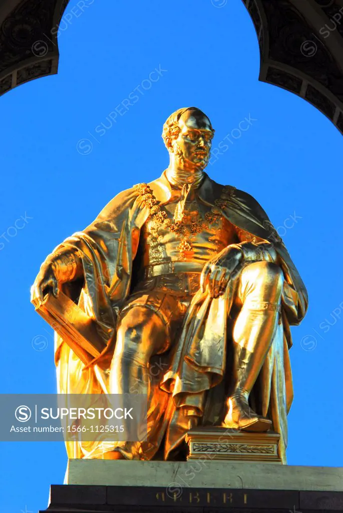 Golden statue of Prince Albert, the Prince Consort, and husband of Queen Victoria, at the Albert Memorial in Kensington, London, opposite the Royal Al...