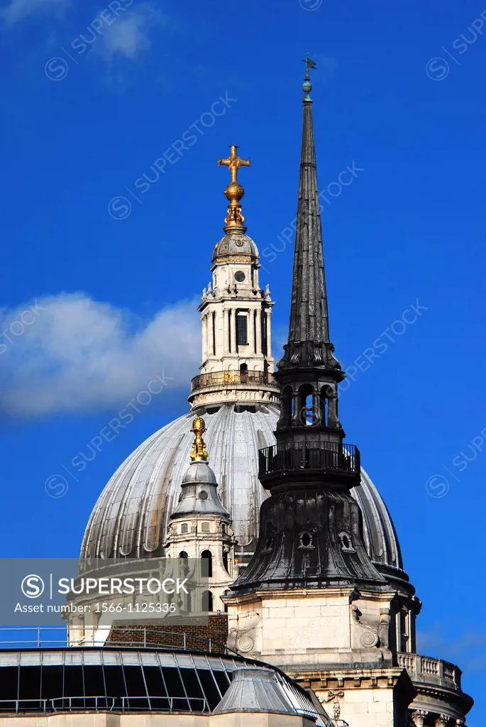 The dome of St  Paul´s Cathedral, London, England, and the spire of St  Martin´s-in-Ludgate on a bright Summer day  Both were designed by Sir Christop...