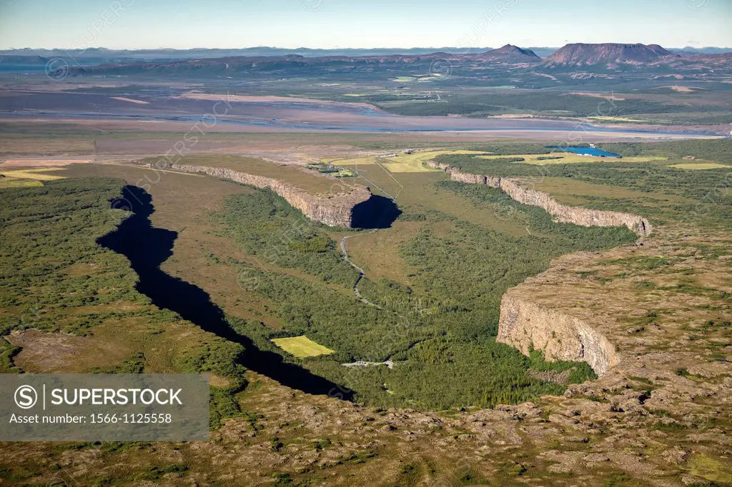 Aerial of Asbyrgi Canyon, Jokulsargljufur National Park, Iceland  Asbyrgi was most likely formed by two catastrophic glacial floods  The first 8-10,00...