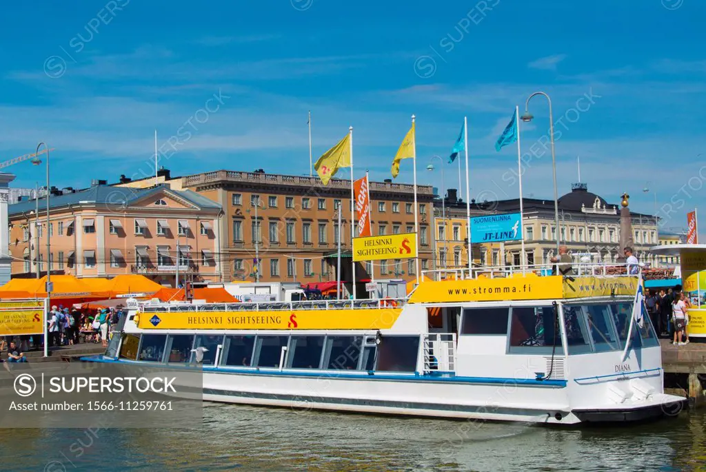 Sightseeing tour boat, Kauppatori, main market square, Helsinki, Finland, Europe.