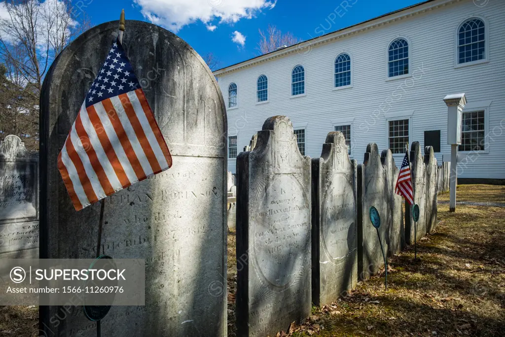 USA, Bennington, Old First Church Burying Ground, gravestones with US flag.