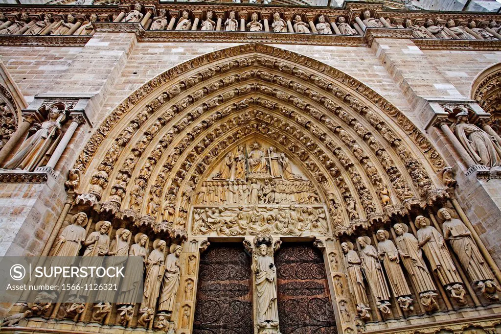 Notre Dame cathedral, facade detail  Paris, France.