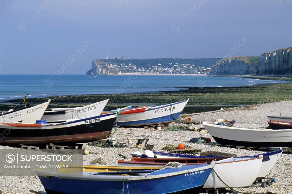 fishing boat on the beach of Yport near Etretat, Cote d´Albatre, Pays de Caux, Seine-Maritime department, Upper Normandy region, France, Europe