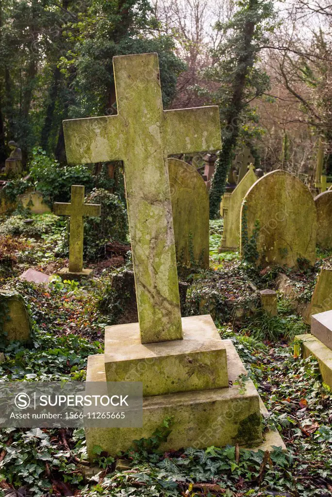 England, London, Highgate, Highgate Cemetery, gravesite cross.