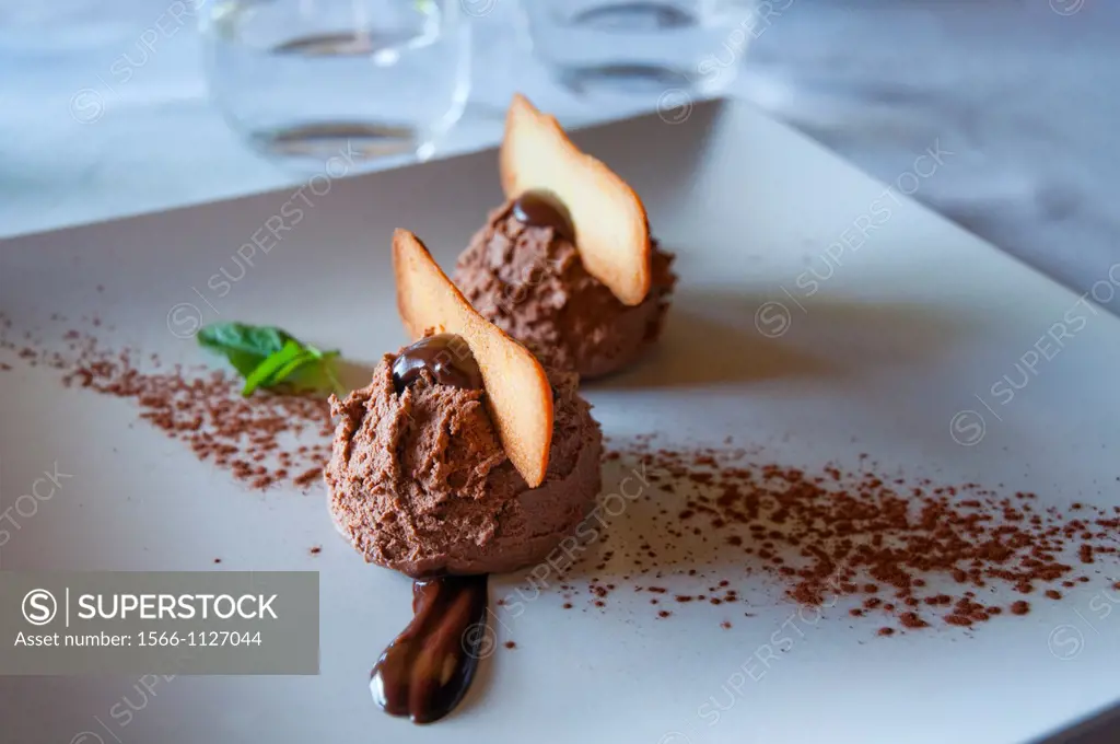 Chocolate dessert. Close view.