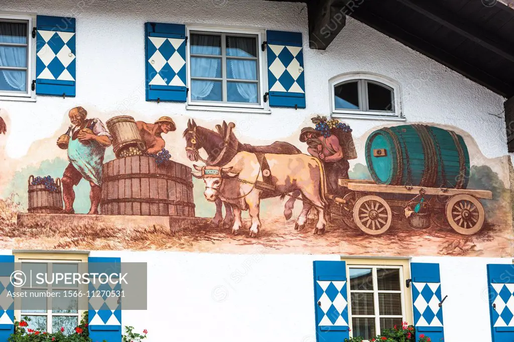 Close up of paintings on a traditional Bavarian building in Schwangau, Bavaria, Germany, Europe