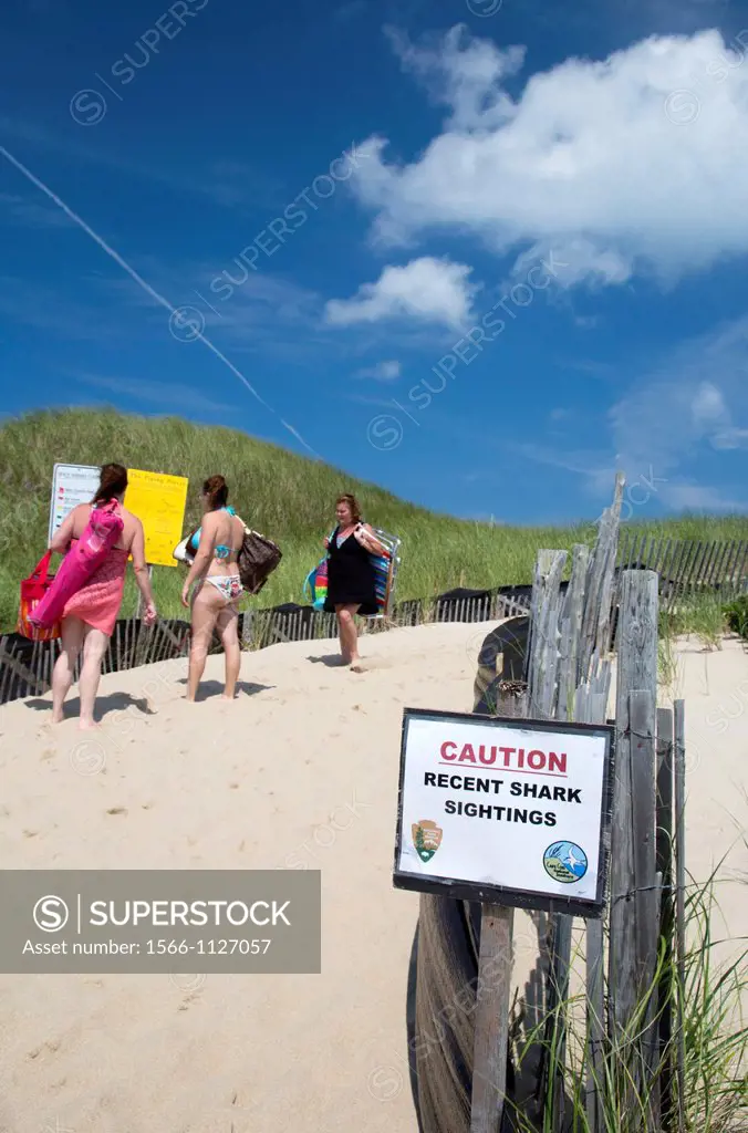 Truro, Massachusetts - A sign warns of recent shark sightings at Head of the Meadow Beach in Cape Cod National Seashore
