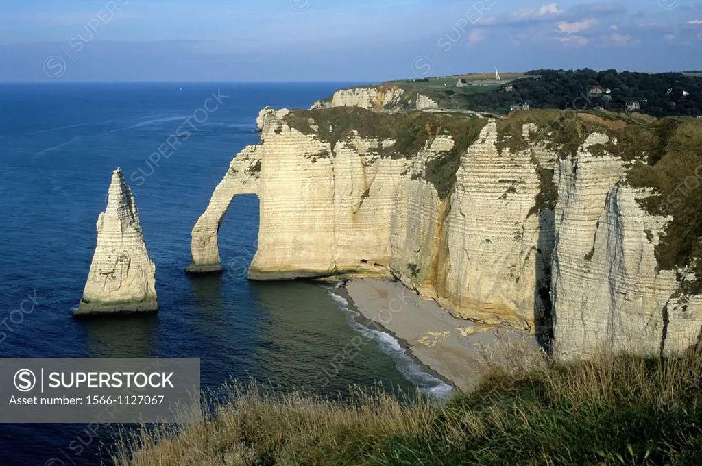 Aval cliff and Needle, Etretat, Cote d´Albatre, Pays de Caux, Seine-Maritime department, Upper Normandy region, France, Europe
