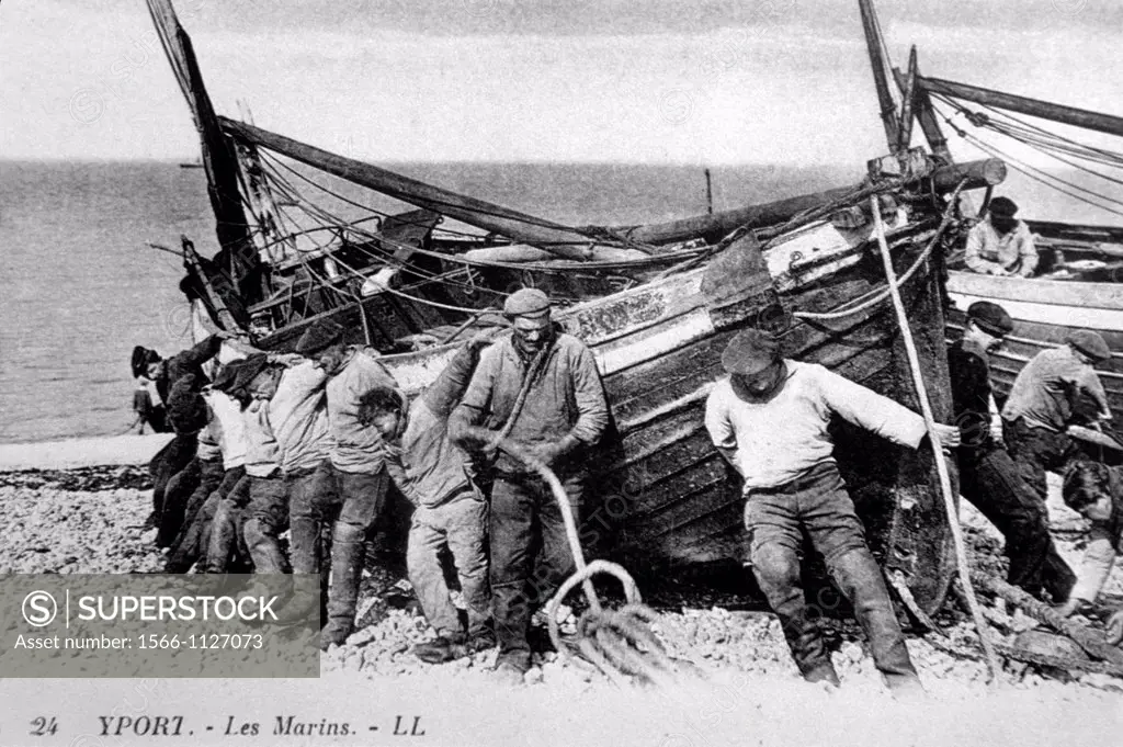 reproduction of an ancient photograph of fishermen from Yport, Terre-Neuvas Museum, Fecamp, Cote d´Albatre, Pays de Caux, Seine-Maritime department, U...