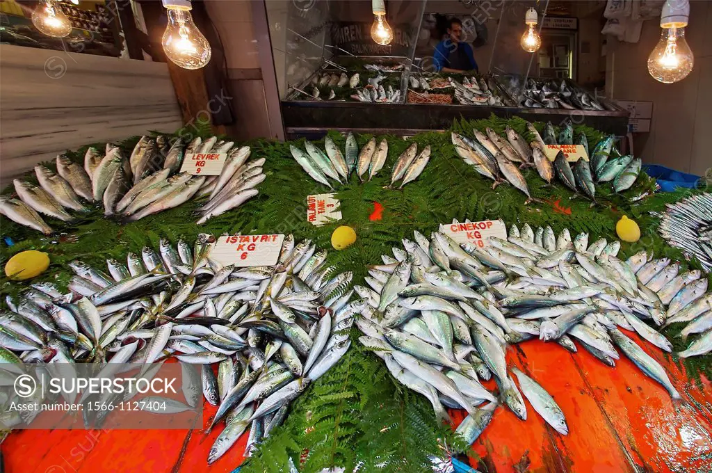fish stall in the Misir Carsisi or Egyptian bazaar Istanbul Turkey.
