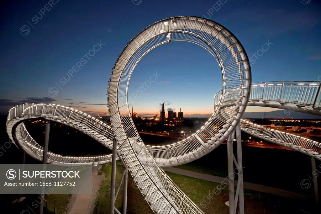 The walkable, large outdoor rollercoaster shaped sculpture Tiger & Turtle - Magic Mountain, landmark in Duisburg-Angerhausen, Duisburg, North Rhine-We...