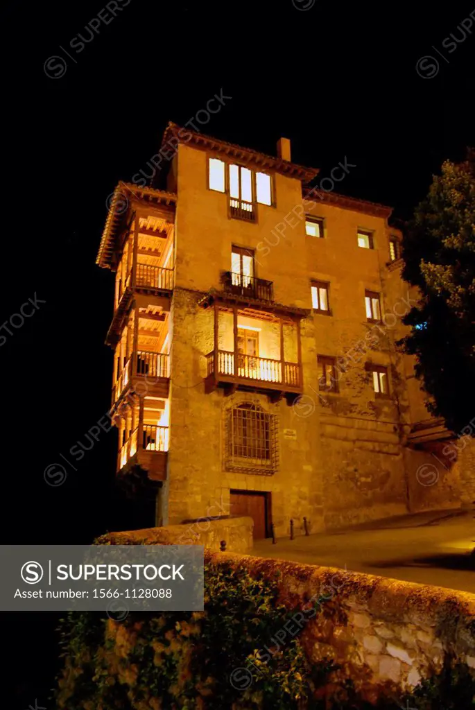 Night view of the Hanging Houses of Cuenca, Castilla-La Mancha, Spain
