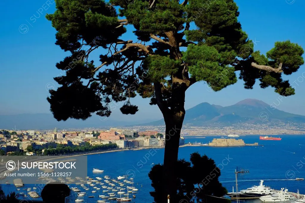 Italy, Campania, Naples, View to Naples bay and Vesuvio
