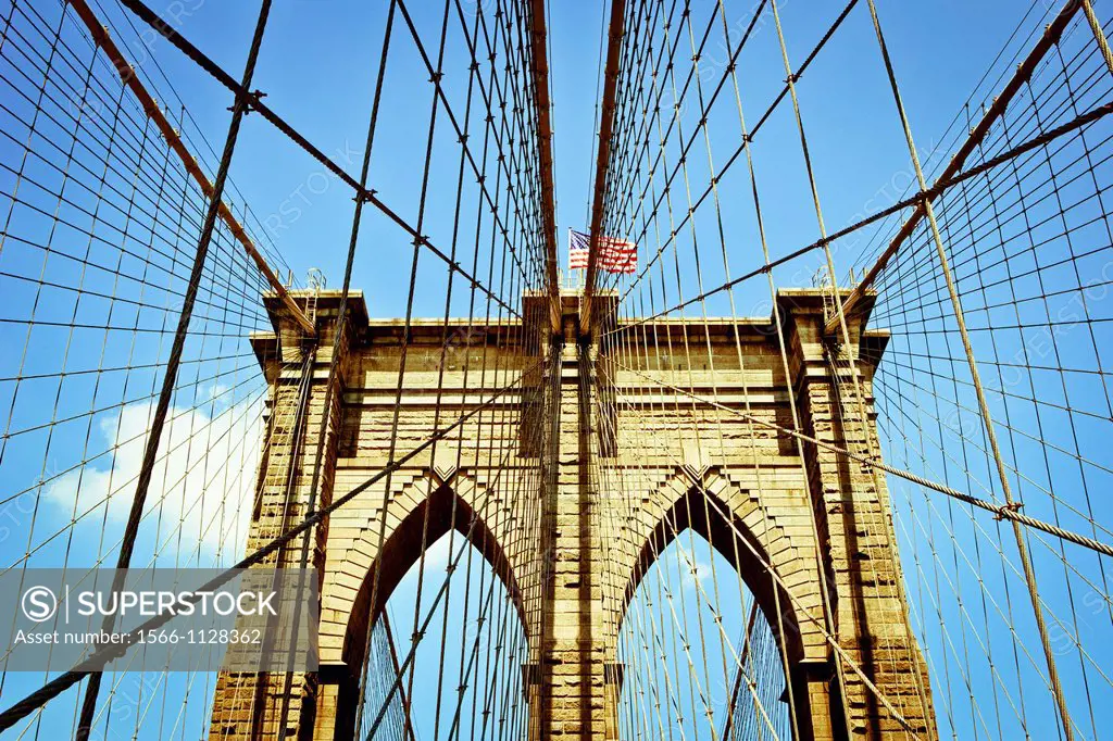 Close-up of the Brooklyn Bridge Tower and Suspension wires