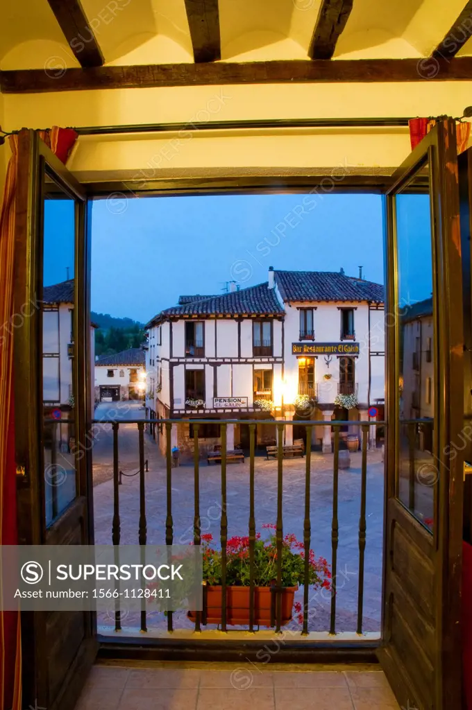 Doña Urraca Square, night view from an open window. Covarrubias, Burgos province, Castilla Leon, Spain.