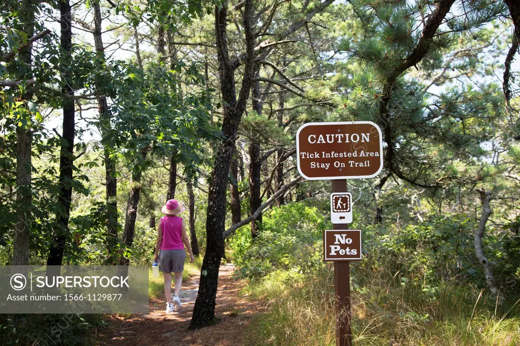 Wellfleet, Massachusetts - A sign warns of ticks on the Atlantic White Cedar Swamp hiking trail in Cape Cod National Seashore