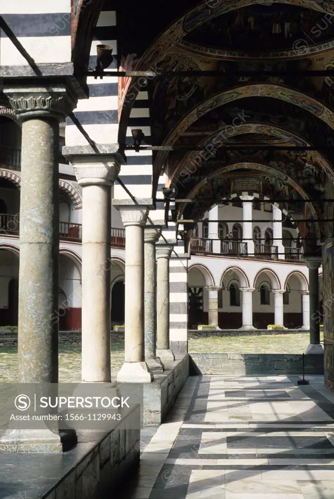 arked corridor of the main church of the Rila Monastery, Bulgaria, Europe