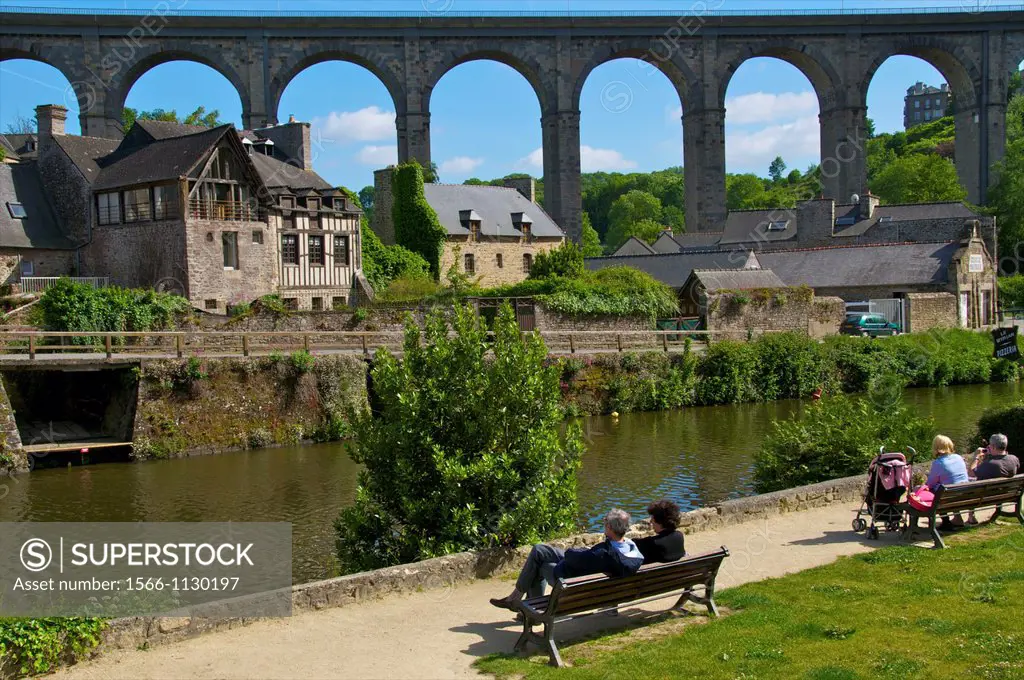 Banks of Rance river, view of old town houses, and viaduct, Dinan, Cotes d´Armor, Brittany, France